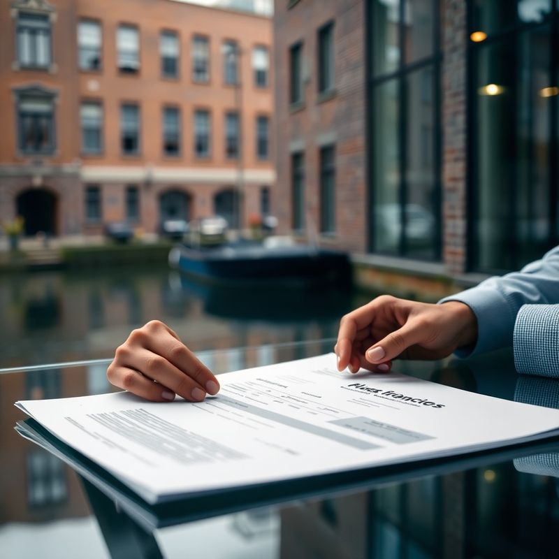 Handen die een financieel document bekijken op een glazen bureau