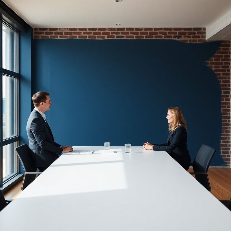 Twee professionals in gesprek aan een minimalistische conferentietafel
