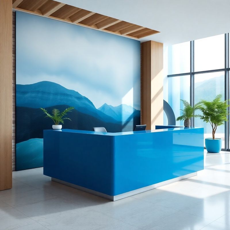 Minimalna azurno-modra recepcija v moderni pisarni