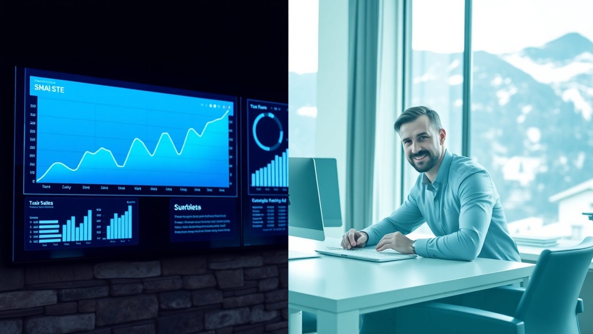 Nadzorna plošča AI trading platforme v azurno-modrih odtenkih