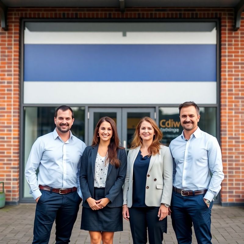 Groepsportret van vier financieel adviseurs voor een indigo-accentgevel in Groningen
