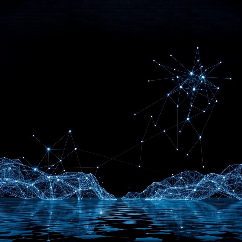 Abstracte visualisatie van verbonden risicoknopen in indigo